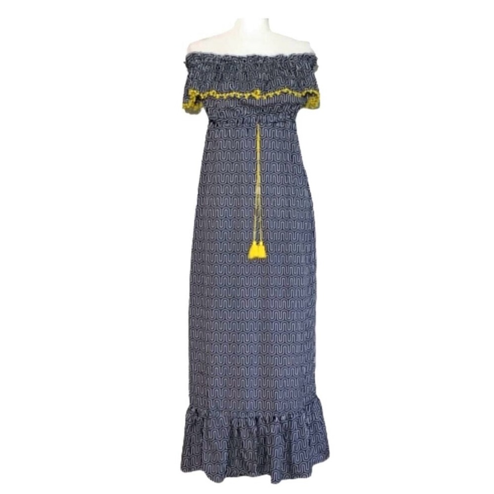 Mud Pie Maxi Dress Blue White Pattern Yellow Tassels Strapless Flowy Dress Small